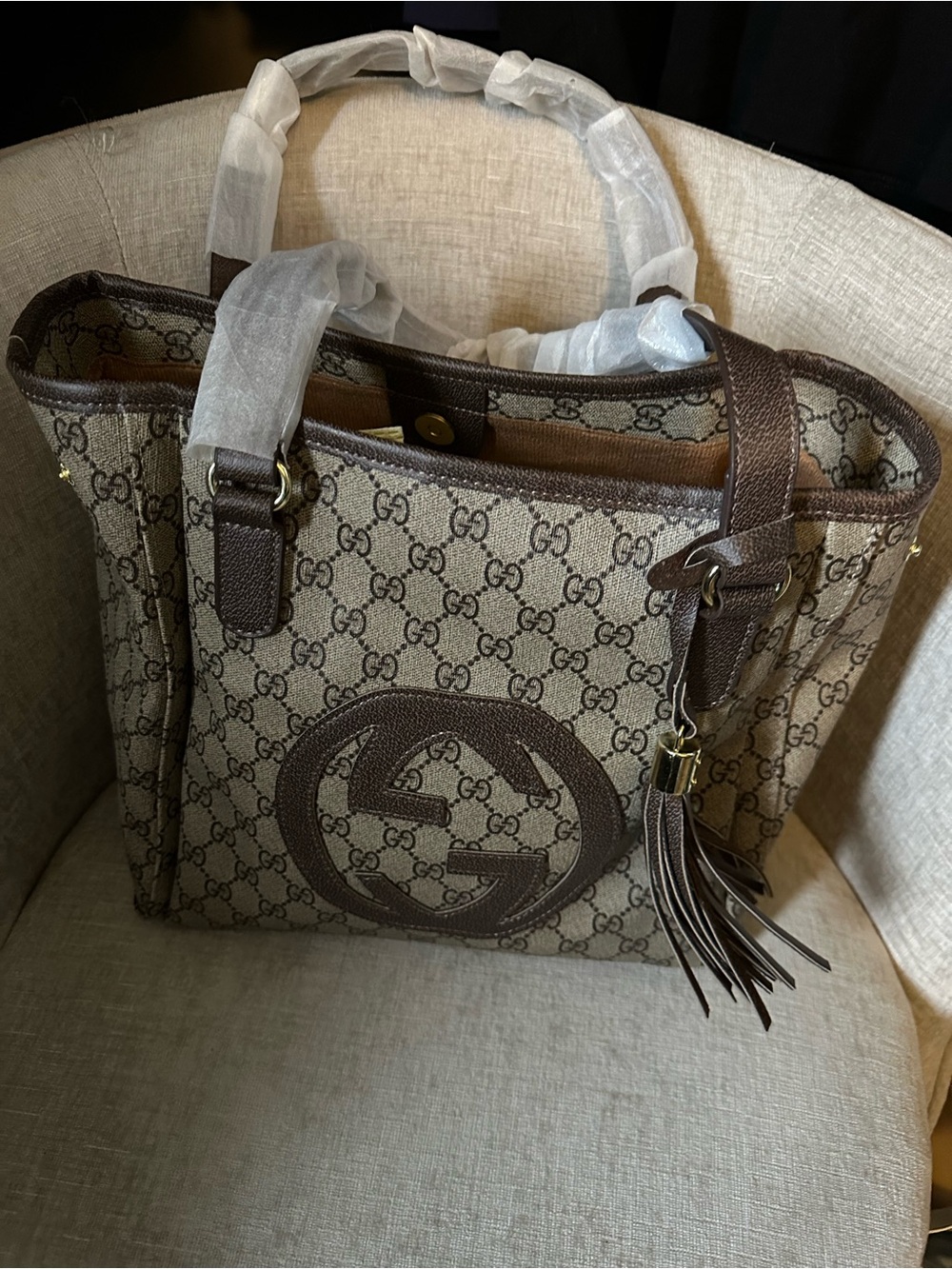 Brown Canvas Tote Bag with Tassel